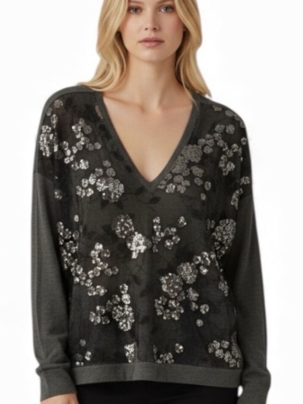 Single Los Angeles Deep V Neck Gray Jersey with Mesh Lace Sequin Overlay
XL